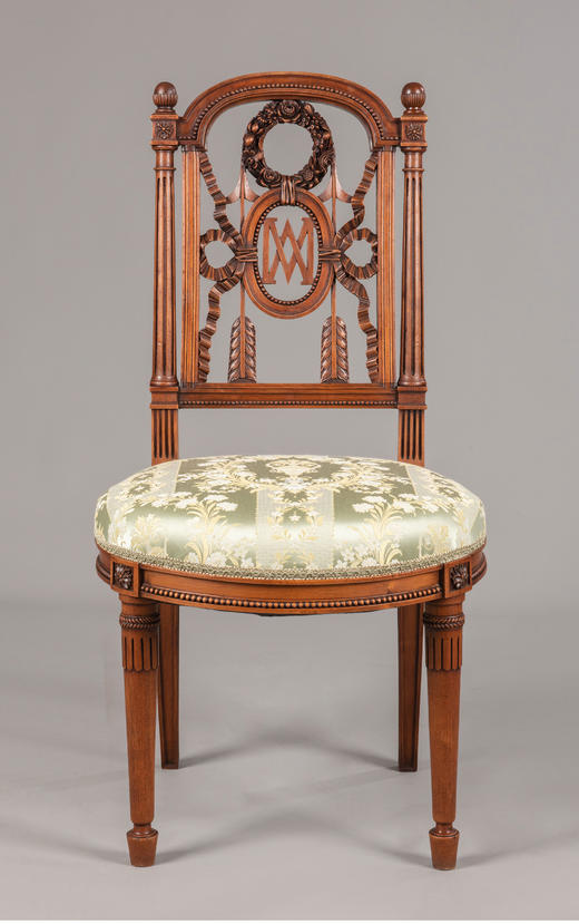 独角鹿西洋古董家具法国路易十六风胡桃木精雕提花缎面座椅一对 商品图4