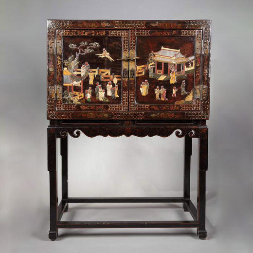 独角鹿西洋古董家具中国出品传统楼阁人物主题硬石镶嵌双门边柜 商品图0