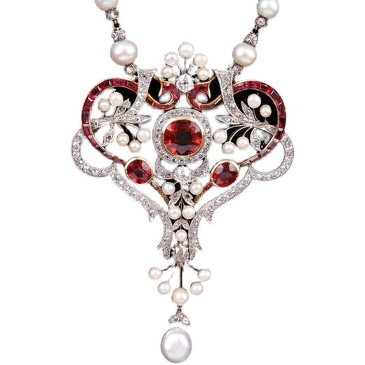 独角鹿西洋古董首饰18K金铂金镶嵌石榴石尖晶石钻石珍珠项链/胸针 商品图4