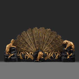 独角鹿西洋古董法国铜鎏金雕饰壁炉柴架及可折叠扇形壁炉屏风