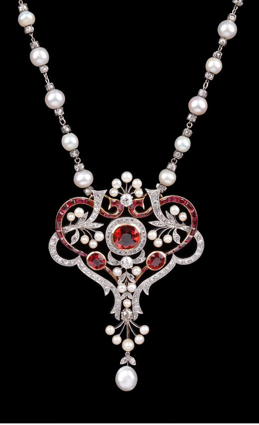 独角鹿西洋古董首饰18K金铂金镶嵌石榴石尖晶石钻石珍珠项链/胸针 商品图1
