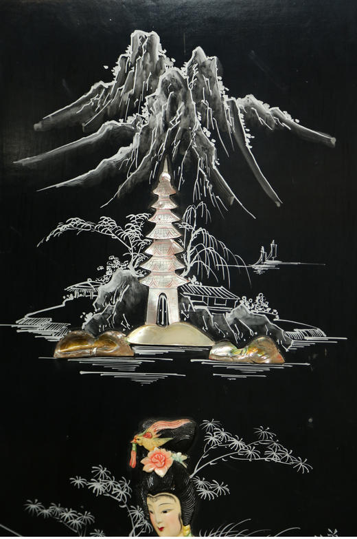 独角鹿西洋古董中国黑漆木嵌硬石母贝传统园邸人物主题四曲屏风 商品图4