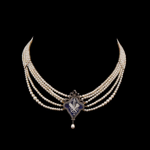 独角鹿西洋古董珠宝首饰纯银镶钻石珐琅五股天然海水珍珠项链吊坠 商品图5