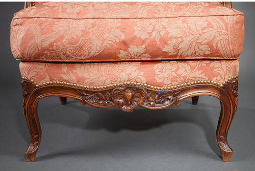 独角鹿西洋古董家具法国粉色花卉丝织面料胡桃木雕扶手椅一对 商品图4