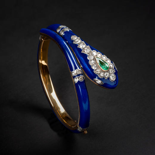 独角鹿西洋古董维多利亚时期18K金蓝色珐琅镶钻石祖母绿蛇形手镯 商品图0