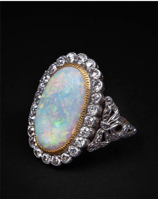 独角鹿西洋古董美好时代时期英国18K黄金铂金镶嵌欧泊石钻石戒指 商品图3