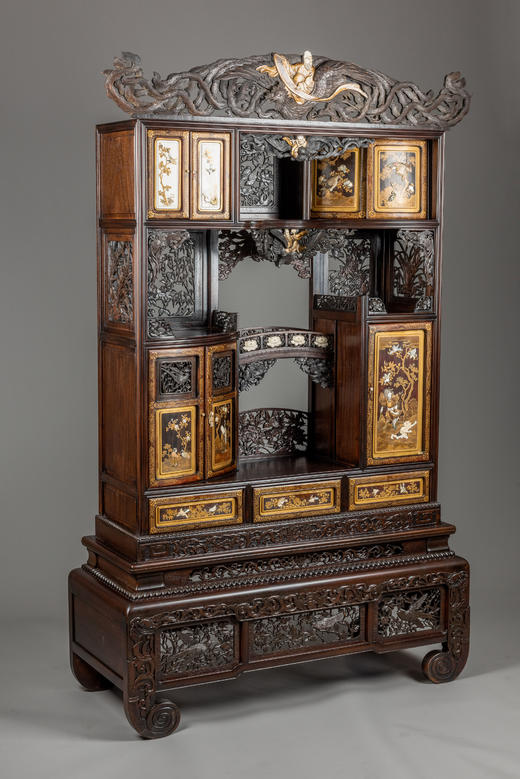 独角鹿西洋古董家具祥瑞花鸟传统神话人物金漆莳绘芝山多宝阁立柜 商品图2