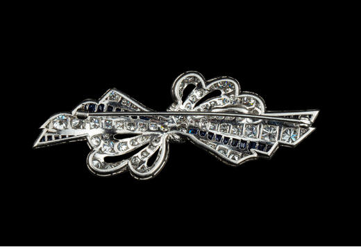 独角鹿西洋古董珠宝首饰法国铂金镶嵌蓝宝石钻石蝴蝶结造型胸针 商品图4