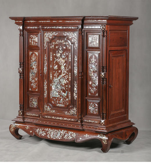 独角鹿西洋古董家具19世纪末亚洲东方风吉祥花鸟漆木镶嵌螺钿边柜 商品图1