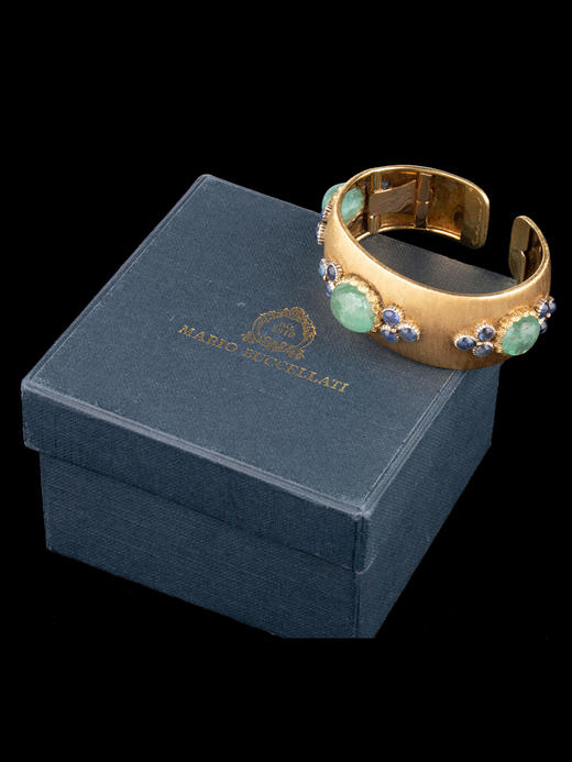 独角鹿西洋古董珠宝首饰意大利布契拉提18K金镶蓝宝石祖母绿手镯 商品图3