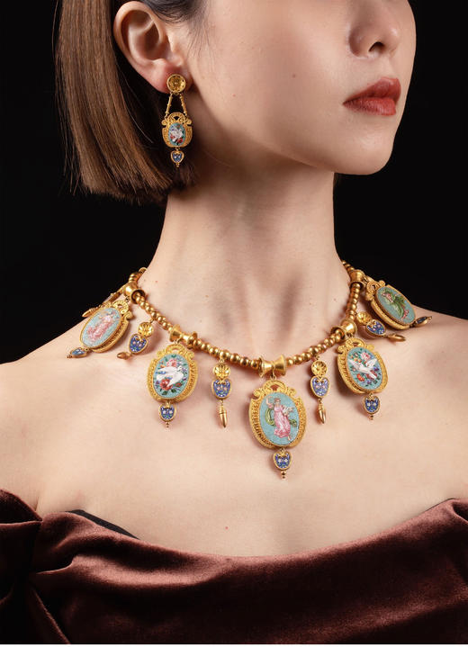 独角鹿西洋古董珠宝套件18K金镶嵌古典圣鸽与人物马赛克项链耳饰 商品图2