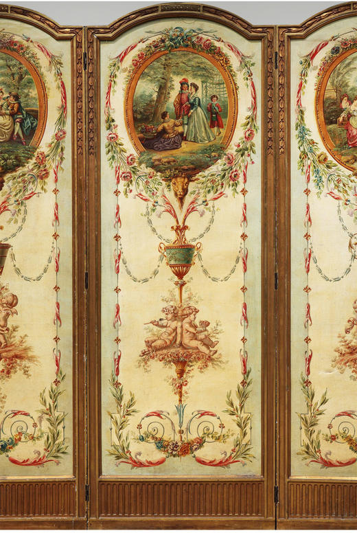 独角鹿西洋古董法国路易十六风格木雕框架田园雅宴图绘三扇屏风 商品图1