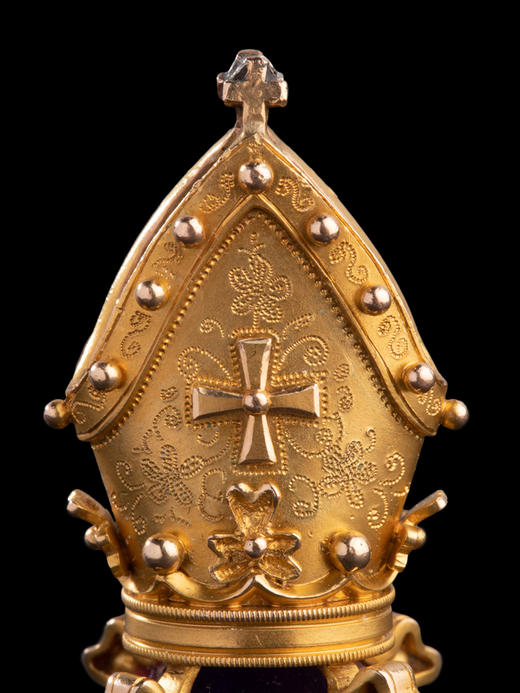 独角鹿西洋古董欧洲主教冠造型黄金雕花嵌紫水晶火漆印章吊坠 商品图3