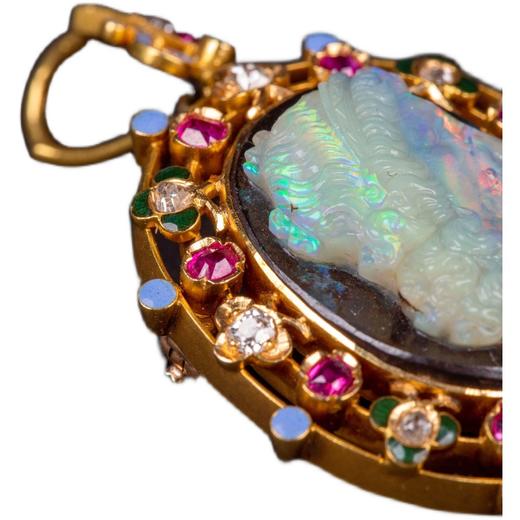 独角鹿西洋古董首饰珠宝黄金镶嵌红宝石欧泊卡梅奥浮雕胸针/吊坠 商品图4