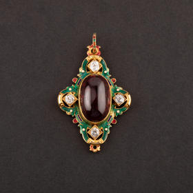 独角鹿西洋古董珠宝首饰19世纪末18k黄金镶嵌钻石珐琅石榴石吊坠