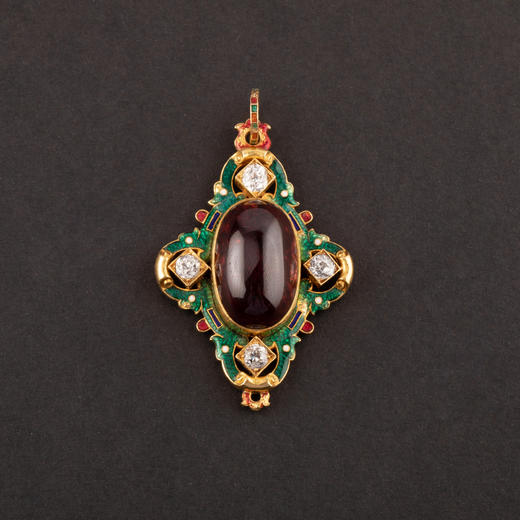 独角鹿西洋古董珠宝首饰19世纪末18k黄金镶嵌钻石珐琅石榴石吊坠 商品图0