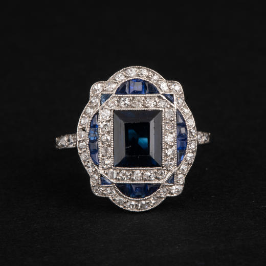 独角鹿西洋古董首饰珠宝法国装饰艺术时期铂金镶嵌钻石蓝宝石戒指 商品图0