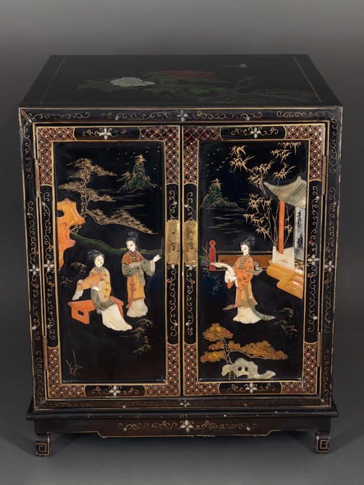 独角鹿西洋古董家具国木制黑色漆面硬石镶嵌人物主题边柜柜子立柜 商品图1