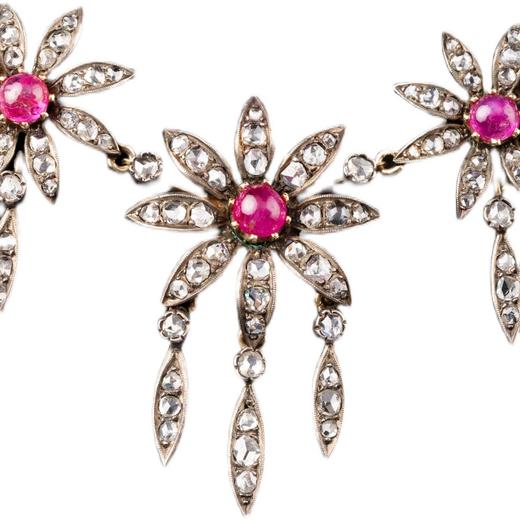 独角鹿西洋古董首饰欧洲vintage珠宝纯银及18K金镶钻石红宝石项链 商品图4