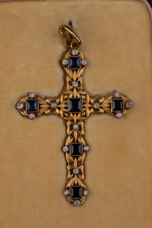 独角鹿西洋古董18K黄金镶蓝宝石老切钻石拉丝花卉镂空十字架吊坠 商品图2
