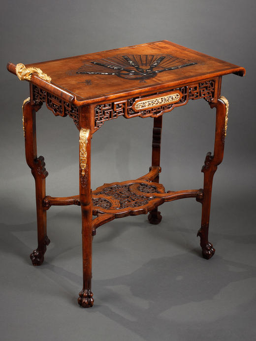 独角鹿西洋古董家具VIARDOT山毛榉木母贝铜鎏金游龙折扇双层边桌 商品图1