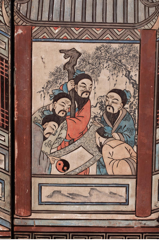 独角鹿西洋古董19世纪初中国众仙祝寿主题黑地款彩雕漆八曲屏风 商品图1