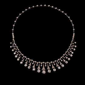 独角鹿西洋古董珠宝法国18K金纯银镶嵌钻石花穗造型冠冕项链原盒