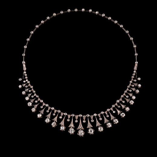 独角鹿西洋古董珠宝法国18K金纯银镶嵌钻石花穗造型冠冕项链原盒 商品图0