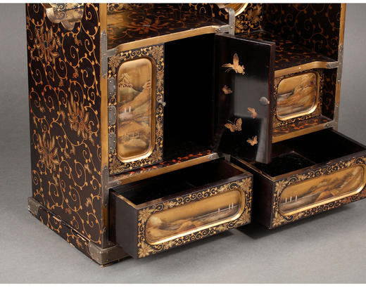 独角鹿西洋古董19世纪日本山水主题黑地金漆莳绘小型珍宝柜置物柜 商品图3