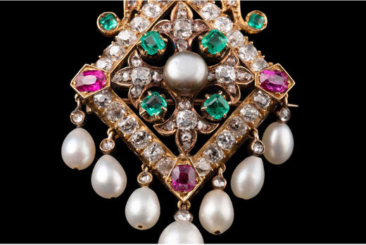 独角鹿西洋古董珠宝欧洲18K金镶红宝石祖母绿钻石天然珍珠胸针 商品图3