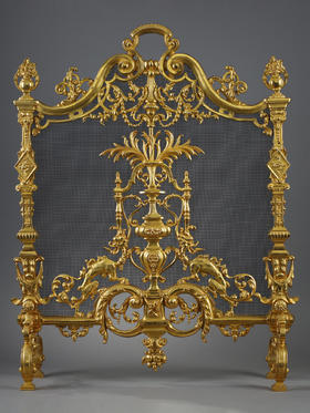 独角鹿西洋古董法国新文艺复兴风格神兽奇美拉精雕铜鎏金壁炉屏风