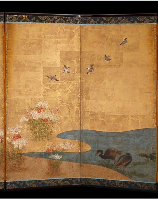 独角鹿西洋古董江户时代狩野派花鸟纸本金叶六曲秋草图日式屏风 商品图2