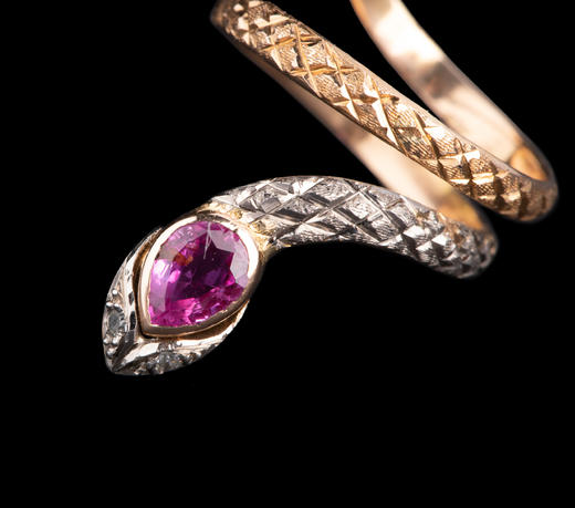 独角鹿西洋古董珠宝首饰20世纪欧洲出品18k金红色宝石蛇形戒指 商品图4