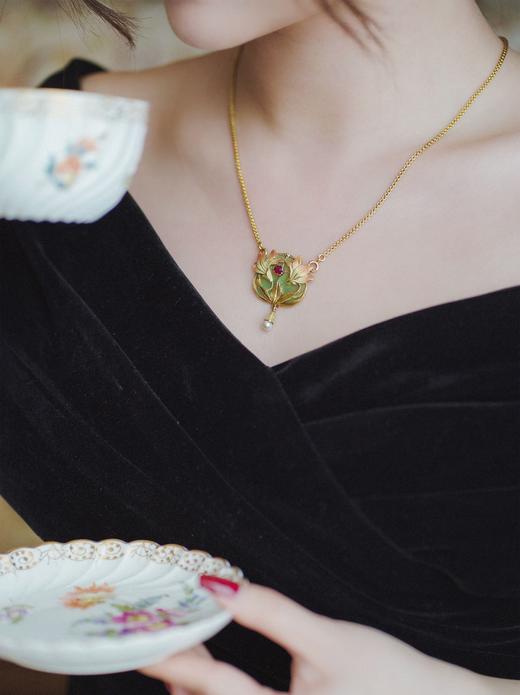 独角鹿西洋古董珠宝首饰黄金镶珍珠蔷薇辉石空窗珐琅花束吊坠项链 商品图1