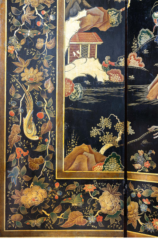 独角鹿西洋古董法国东方风格黑地五彩漆器山水亭台人物六扇屏风 商品图3