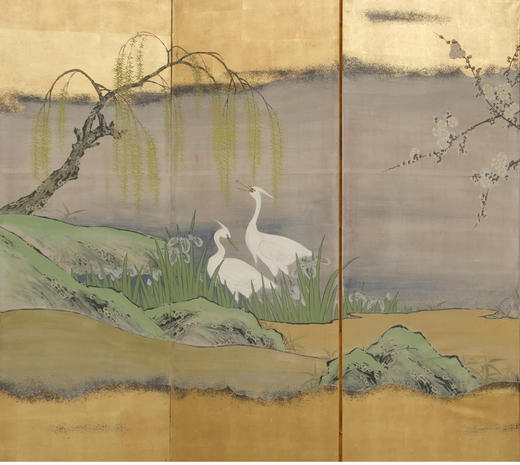 独角鹿西洋古董日本狩野派风格纸本金地山水花鸟主题六曲屏风 商品图2