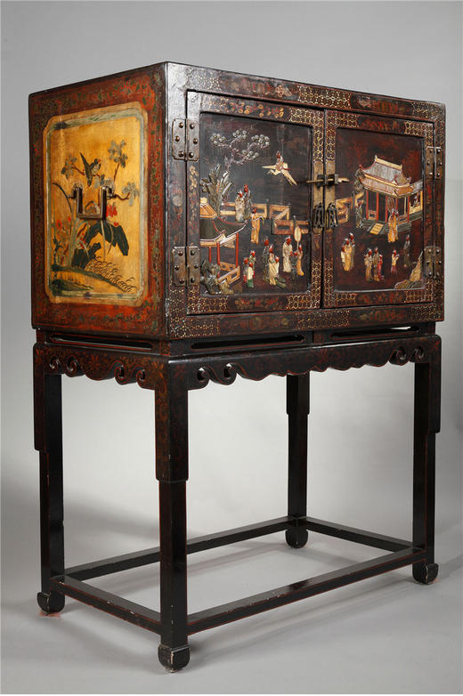 独角鹿西洋古董家具中国出品传统楼阁人物主题硬石镶嵌双门边柜 商品图1