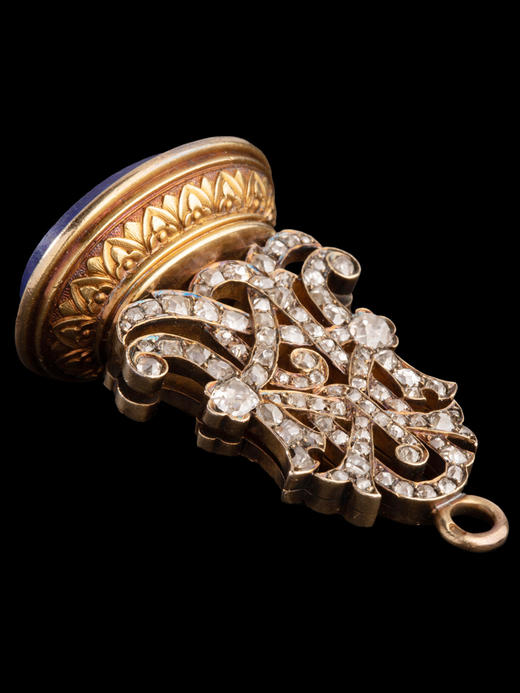 独角鹿西洋古董18K黄金镂雕花押字母镶嵌钻石青金石火漆印章吊坠 商品图2