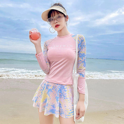 运动风游泳衣女分体保守遮肚显瘦学生上课小胸聚拢温泉平角裤泳装 商品图5