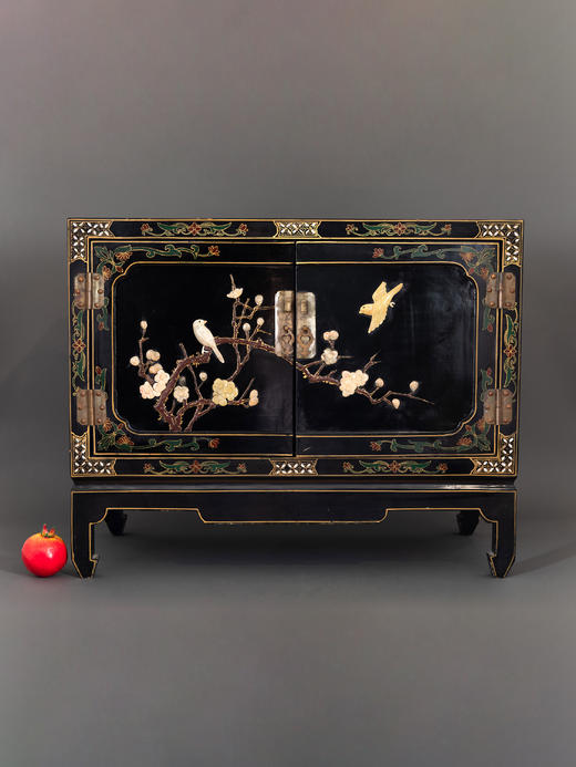 独角鹿西洋古董家具中国木制黑色漆面硬石镶嵌花鸟边柜柜子立柜 商品图0