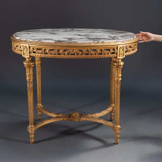 独角鹿西洋古董家具路易十六木制鎏金修饰大理石桌面椭圆中心桌子 商品图1