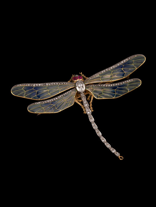 独角鹿西洋古董珠宝首饰18K黄金铂金钻石红宝石空窗珐琅蜻蜓胸针 商品图0