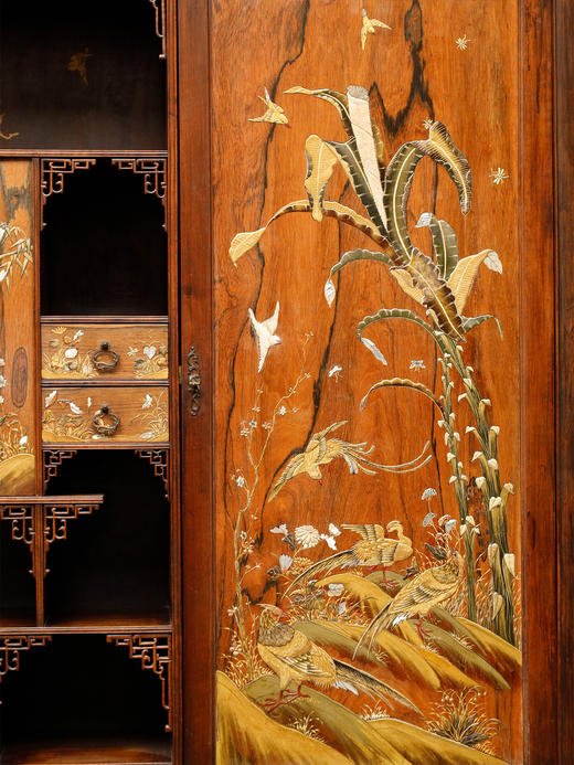 独角鹿西洋古董家具漆木镶嵌母贝浮雕彩绘东方花鸟风景多宝阁立柜 商品图4