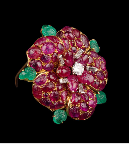独角鹿西洋古董Marchak18K黄金镶红宝石祖母绿钻石水果锦囊胸针 商品图4