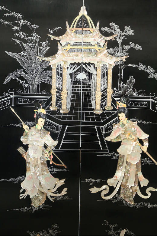 独角鹿西洋古董中国黑漆木嵌硬石母贝传统园邸人物主题四曲屏风 商品图3
