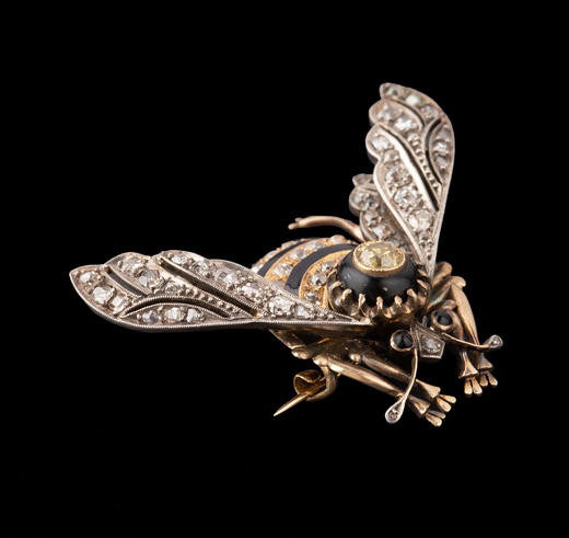 独角鹿西洋古董珠宝首饰金银叠打黄钻黑玛瑙镶嵌珐琅蜜蜂造型胸针 商品图3