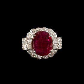 独角鹿西洋古董珠宝首饰1965年代法国18k白金镶嵌钻石红宝石戒指