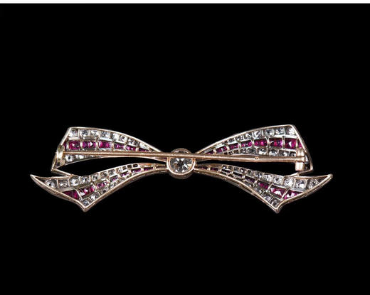 独角鹿西洋古董珠宝法国18k金及铂金镶嵌红宝石钻石蝴蝶结胸针 商品图3