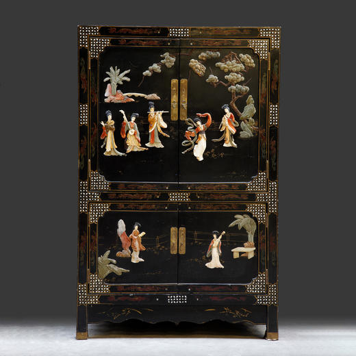 独角鹿西洋古董家具中国山毛榉木硬石镶嵌母贝皂石描金柜子立柜 商品图0