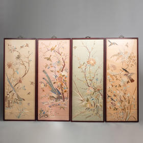 独角鹿西洋古董清代中国出品花鸟粤绣四条屏插屏屏风